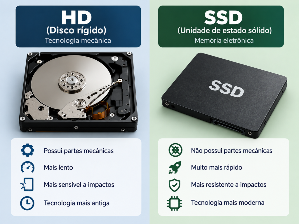 Comparação entre HD mecânico e SSD mostrando as principais diferenças