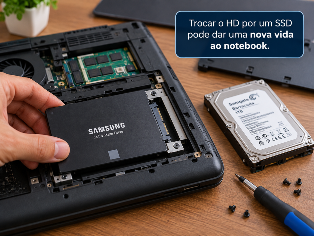 Pessoa instalando um SSD no lugar do HD em um notebook