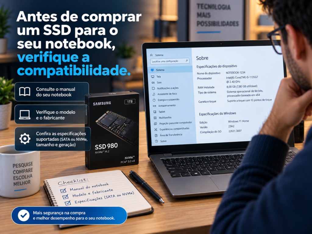 Pessoa verificando as especificações do notebook antes de comprar um SSD