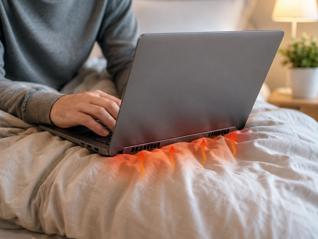 Notebook sendo usado sobre a cama, com ventilação bloqueada pelo lençol