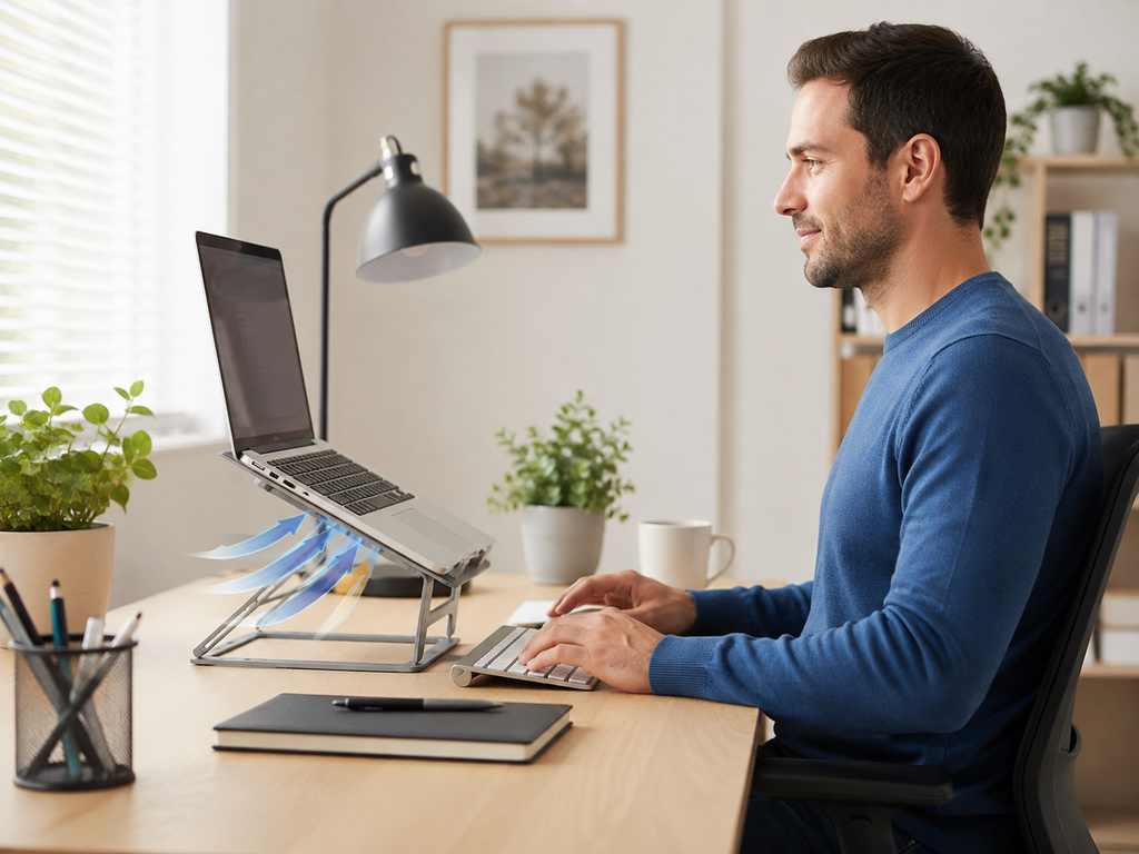 Notebook apoiado em suporte sobre a mesa para melhorar a ventilação