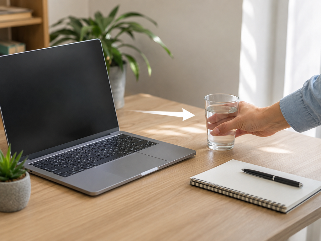 Copo de água sendo afastado do notebook para evitar acidentes