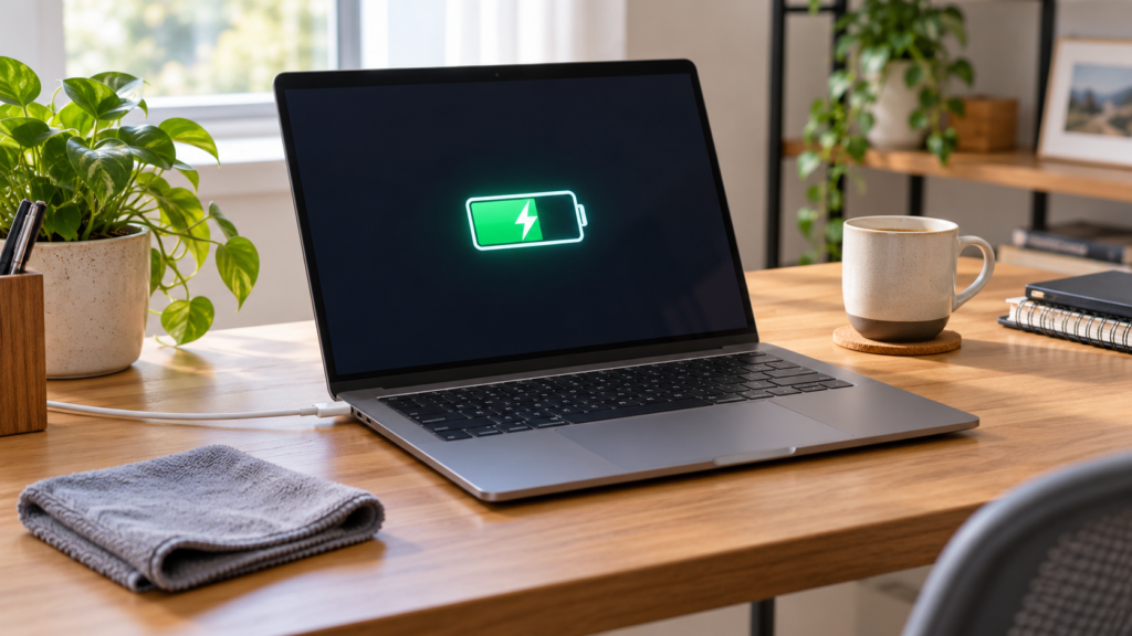 Notebook conectado ao carregador ao lado de pano de microfibra para cuidados e limpeza