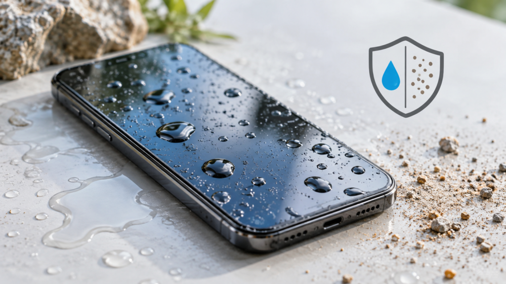 Celular com gotas de água e partículas de poeira representando proteção IP67 e IP68