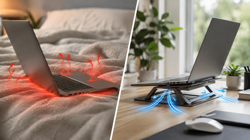 Comparação entre notebook sobre a cama aquecendo e notebook em suporte com melhor ventilação