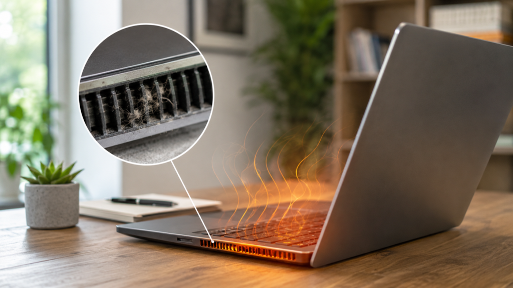 Notebook esquentando muito com destaque para a saída de ventilação e o sistema de resfriamento