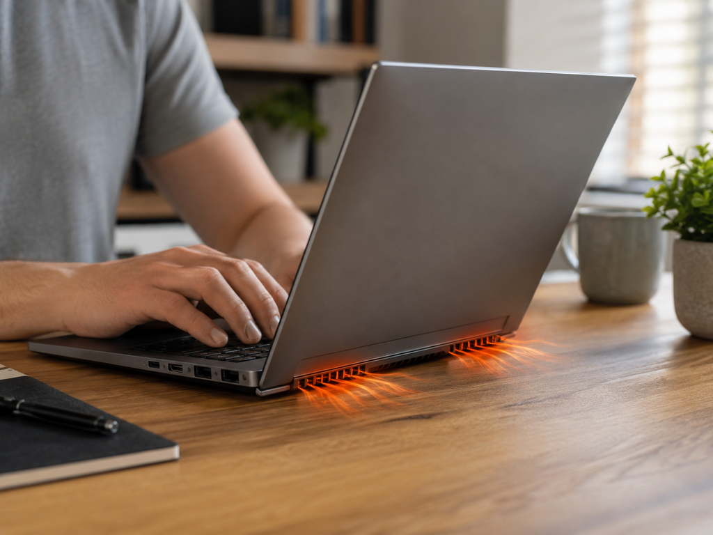 Notebook esquentando durante o uso, com ar quente saindo pelas entradas de ventilação