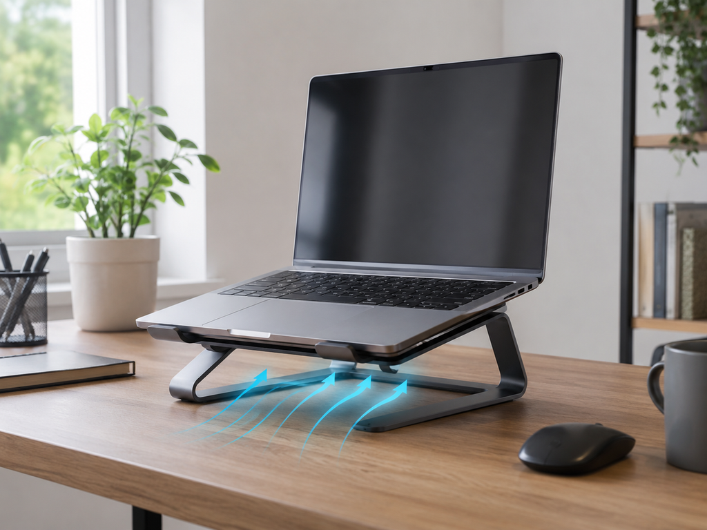 Notebook em suporte sobre a mesa com espaço livre para melhorar a ventilação