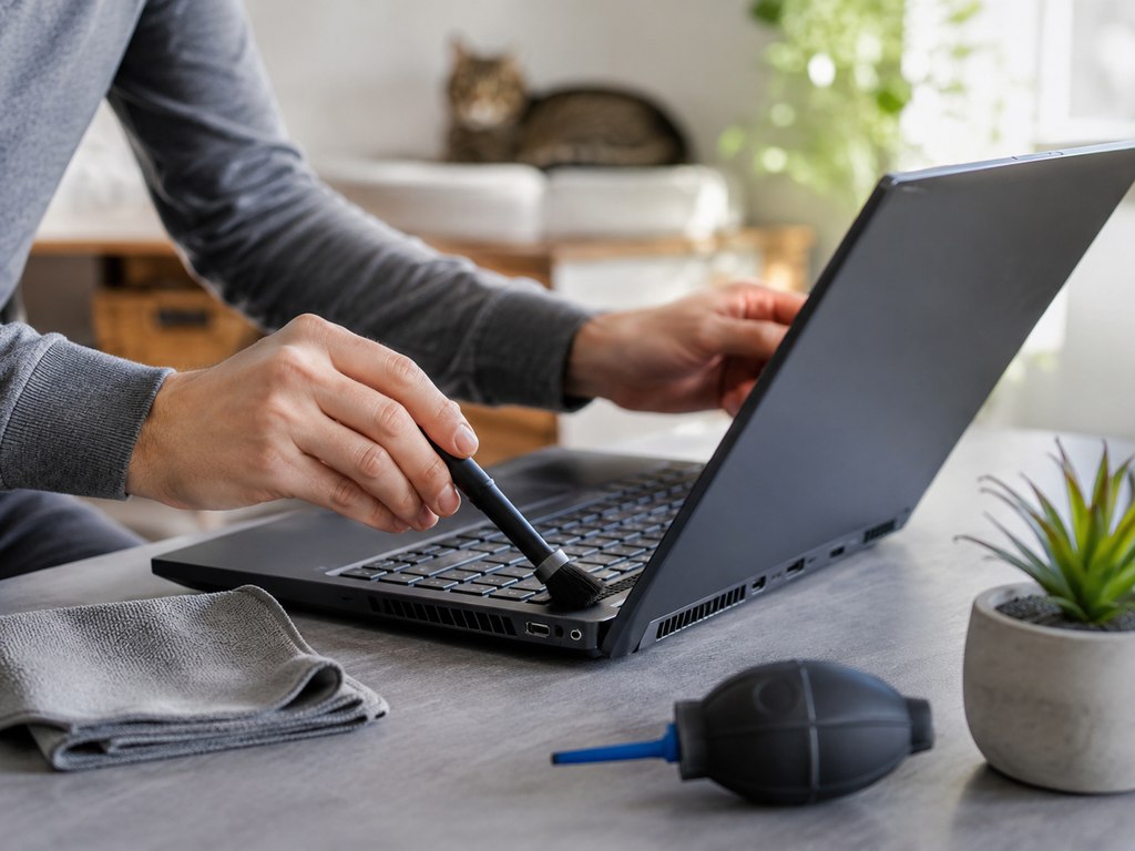 Pessoa fazendo limpeza preventiva no notebook com pincel e pano de microfibra