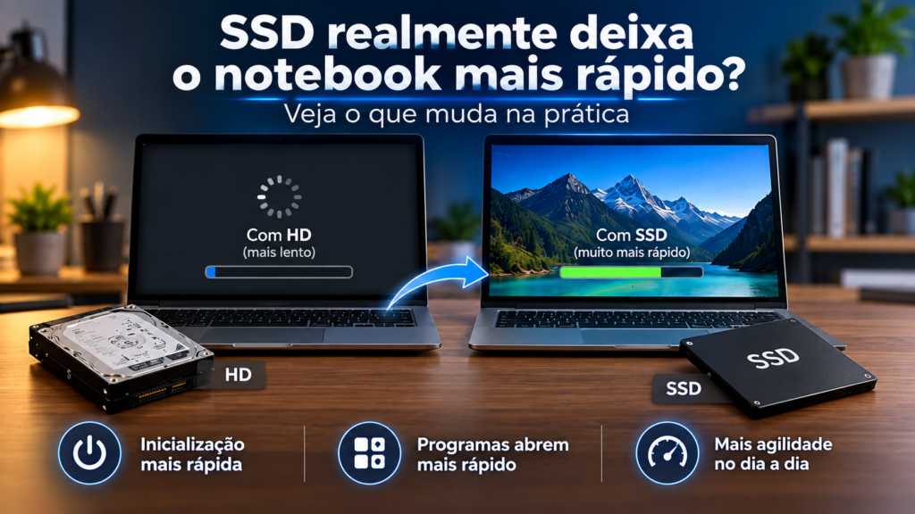 Comparação entre notebook com HD e notebook com SSD mostrando melhora na velocidade